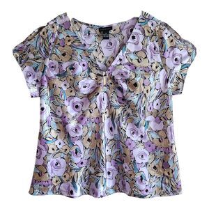 LANE BRYANT Women Plus 24 Satin Top Purple Floral V-Neck Split Short Sleeve 52"